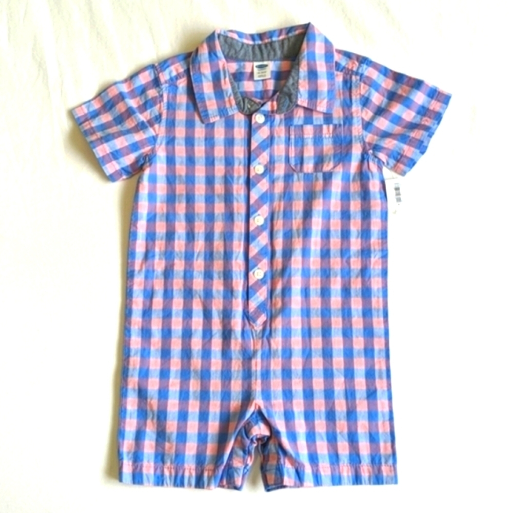 NEW old navy picnic gingham romper playsuit blue pink 24 months baby boy